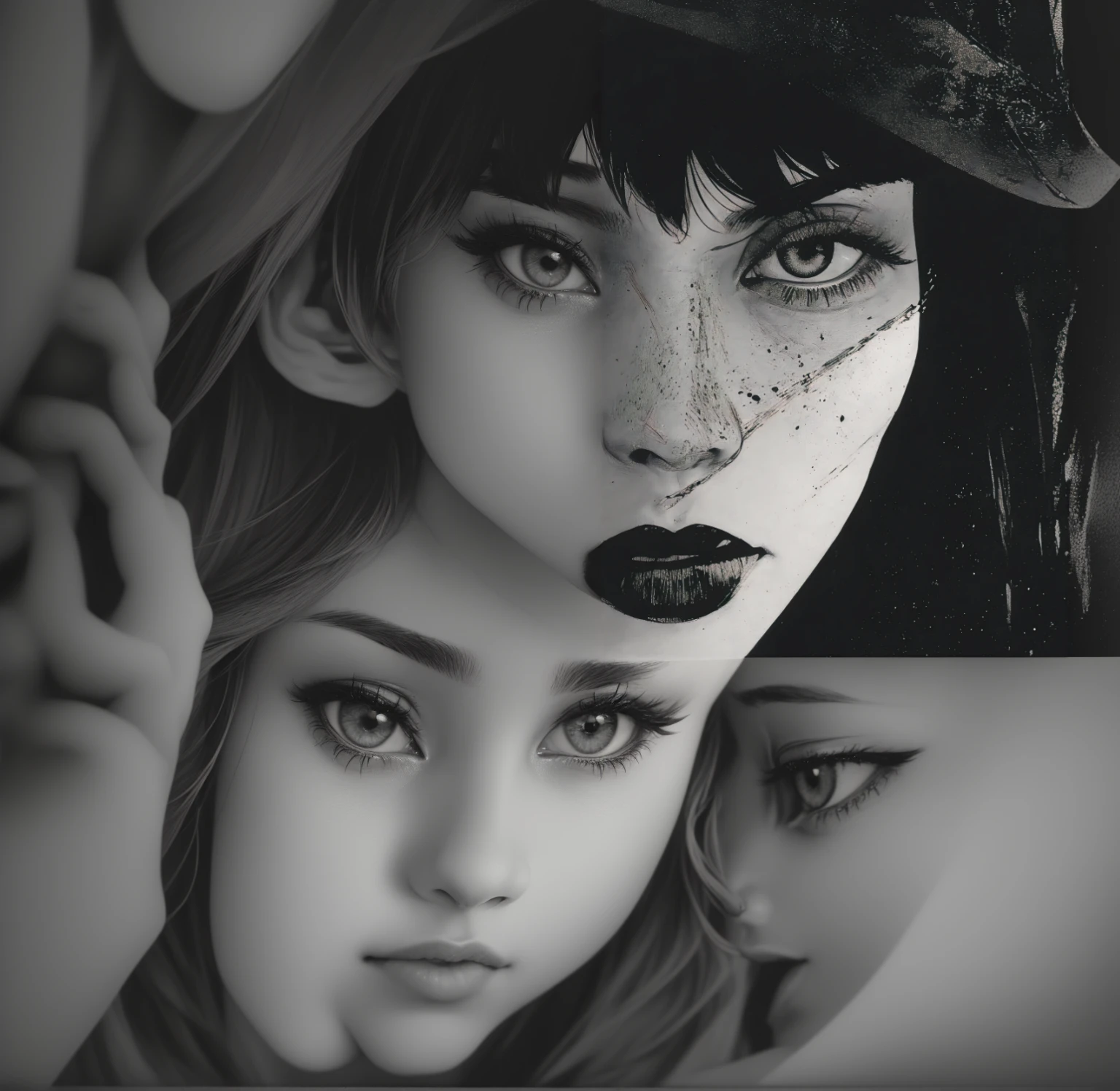 il y a une photo en noir et blanc d'une femme avec un chapeau, Portrait d’une fille de mauvais augure, couverture de roman pour un livre, oeuvre d'art dans le style de guweiz, fille aux yeux blancs, superbe art numérique avec des détails, superbe illustration numérique, style artistique étrange, couverture de roman graphique, visage de fille gothique, gros plan d'art de personnage, Gros plan détail du visage