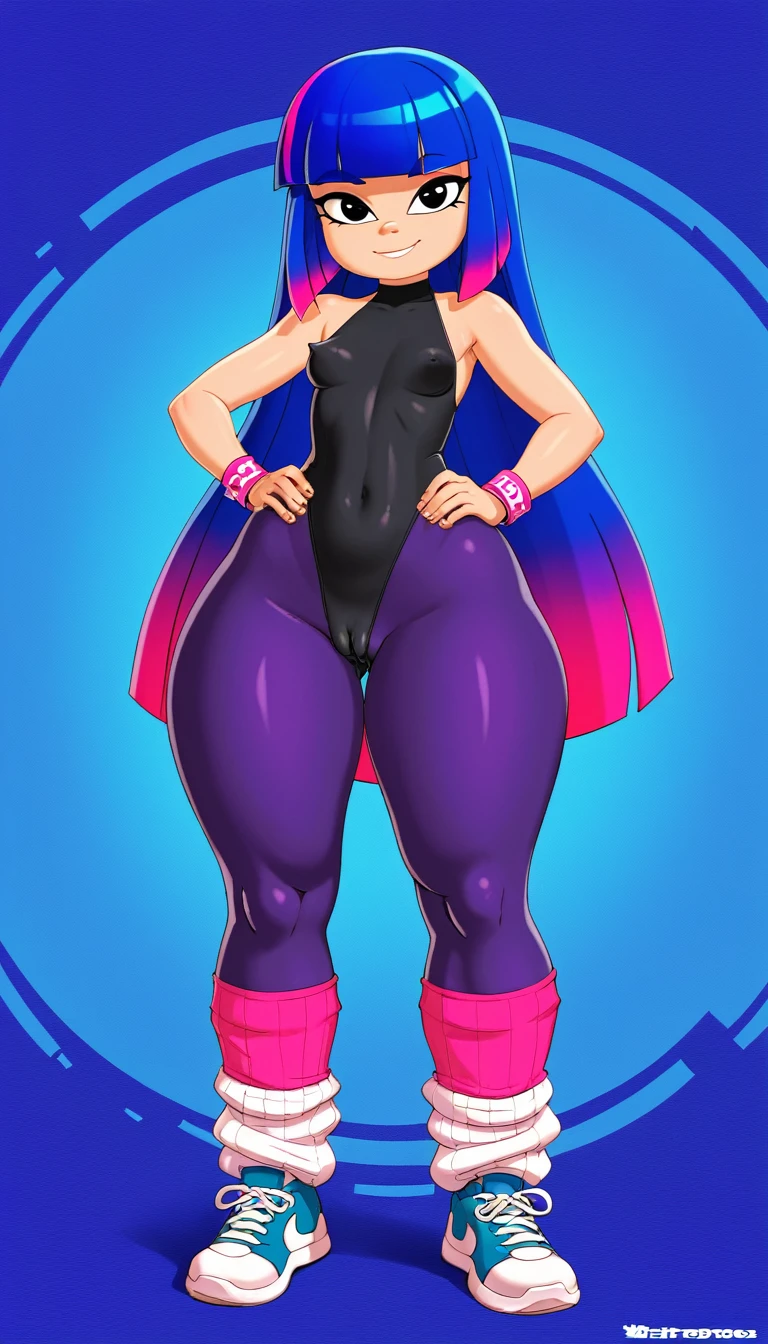miko kubota from glitch techs, long hair, blunt bangs, (blue hair with pink highlights), ((, curvy, voluptuous, thick legs, thick thighs, wide hips, small breasts,)),((80's aerobic leotard, leggings, loose socks, sneakers, wristbands, cameltoe)), standing, hands on hips