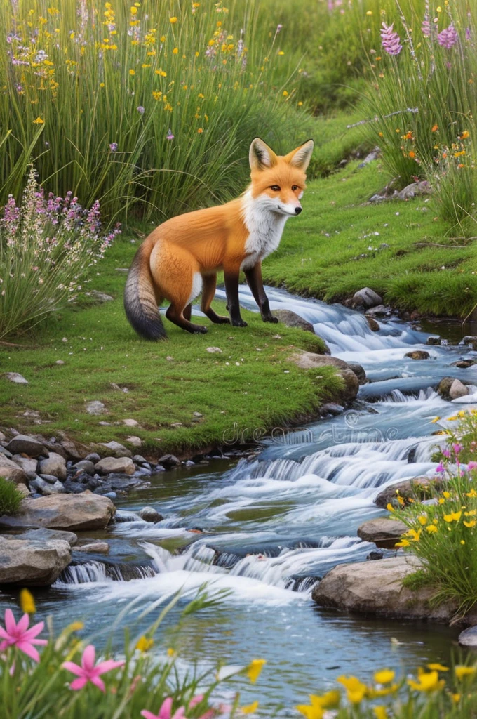 Cute fox playing near a bubbling brook, surrounded by wildflowers and tall grass swaying in the breeze
Coloring book illustration white background