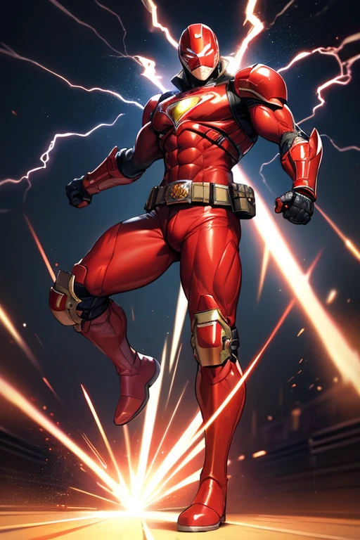 ((best quality)), ((masterpiece)), (detailed), 1 man, full body, 30s, black masks, red helmet that covers his entire head, smooth helmet, helmet with a flashlight on his forehead, black collar, tall and muscular, very large, red armor, 2 large tubes, transparent electricity tubes on his chest, large red gloves, red wristbands, red suit, fist emblem with lightning bolts on his chest, fist, red pants, black knee pads, metallic red boots, superhero belt, lightning bolts in the air, hitting the track, superhero pose, lightning bolts come out, night city background, anime