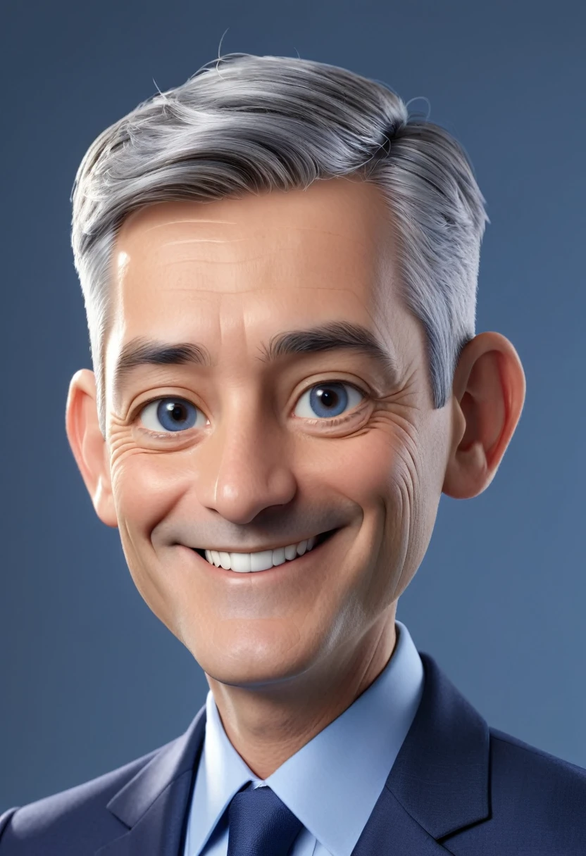 3d cartoon style, 50 years old man, very short gray hair with few strands of hair, in a dark blue suit and light blue shirt, no tie, smiling at the camera, foto perfil, commercial shot., face is brightly lit