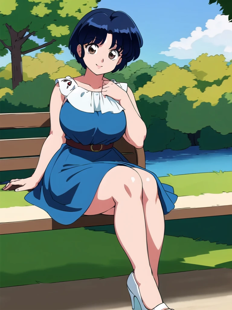 HDR, CG, sharp focus, (8k), (4k), masterpiece, best quality, detailed skin, extremely detailed, hiper detailed, sharp focus, looking at viewer, high quality, AKANE, Akane tendou, short hair, blue hair, brown eyes ,curtain pelvic DRESS, tetas grandes bush, solo, 1girl, sit on bench, park background, hands on chest, heels, white dress, cute smile, thick legs, 
