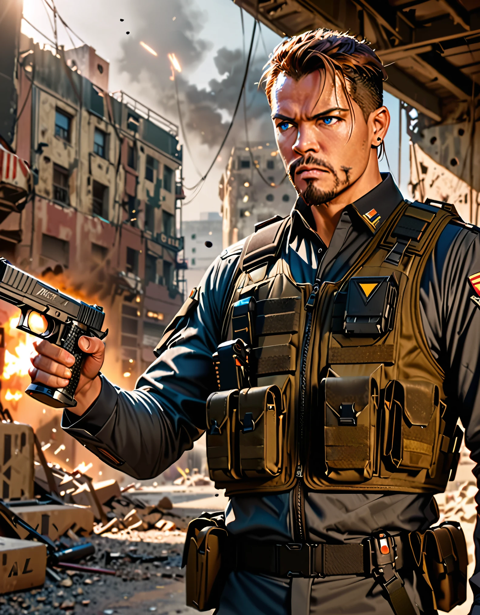 (masterpiece), (best quality), (high res), Soldier with dark uniform, (holding STI 1911), ruined background, realistic, stylish, rutkowski, goatee, brown hair, buzz hair, blue eyes, tactical vest, intricate details, hyperdetailed, cinematic, rim light, danger atmosphere
