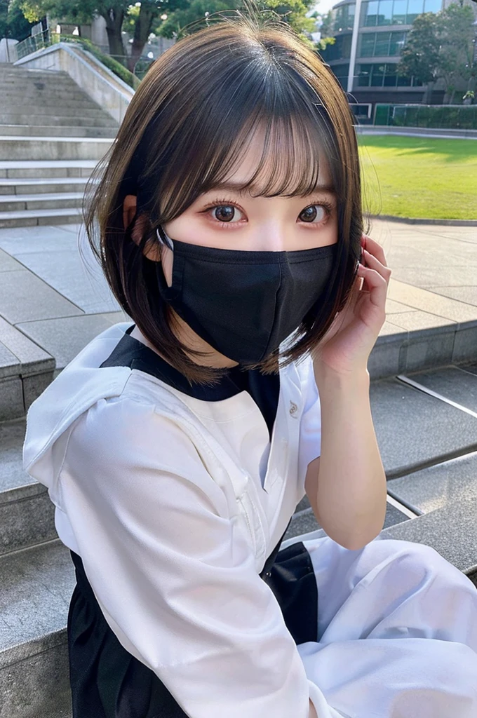 high resolution、８K、Bobcut、girl、Medium length、可愛いgirl、Japanese Idols、Age 25、Black Hair、beauty、Young Japanese Woman、Detailed、Highest quality、Black clothes、Boyish clothes、Wearing a white face mask、University生、Beautiful eyes、Red cheeks with blush、Double、School、University、Selfie、Sitting on the stairs、Looking to the side、profile、Looking into the distance