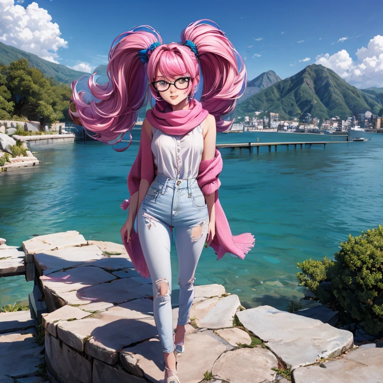 A young Caucasian woman with long, vibrant pink hair wearing glasses, a blue scarf, a white shirt, short blue jeans, and a white top on a dock overlooking a body of water