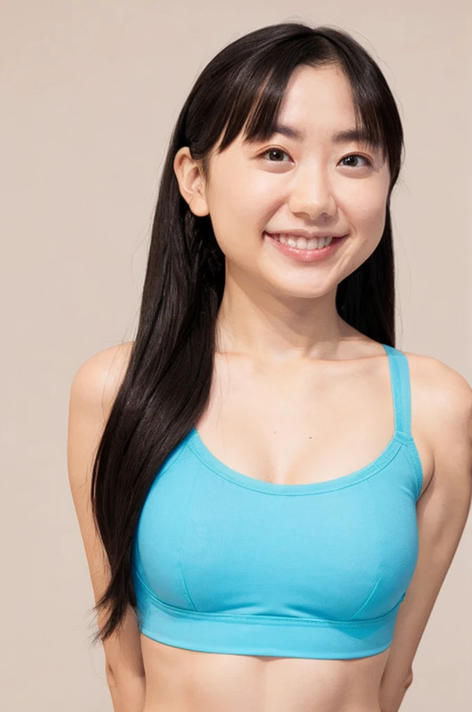 upper body, big eyes, flat chest, (arms behind back:1.1), make up, sport-bra, , smile, long hair