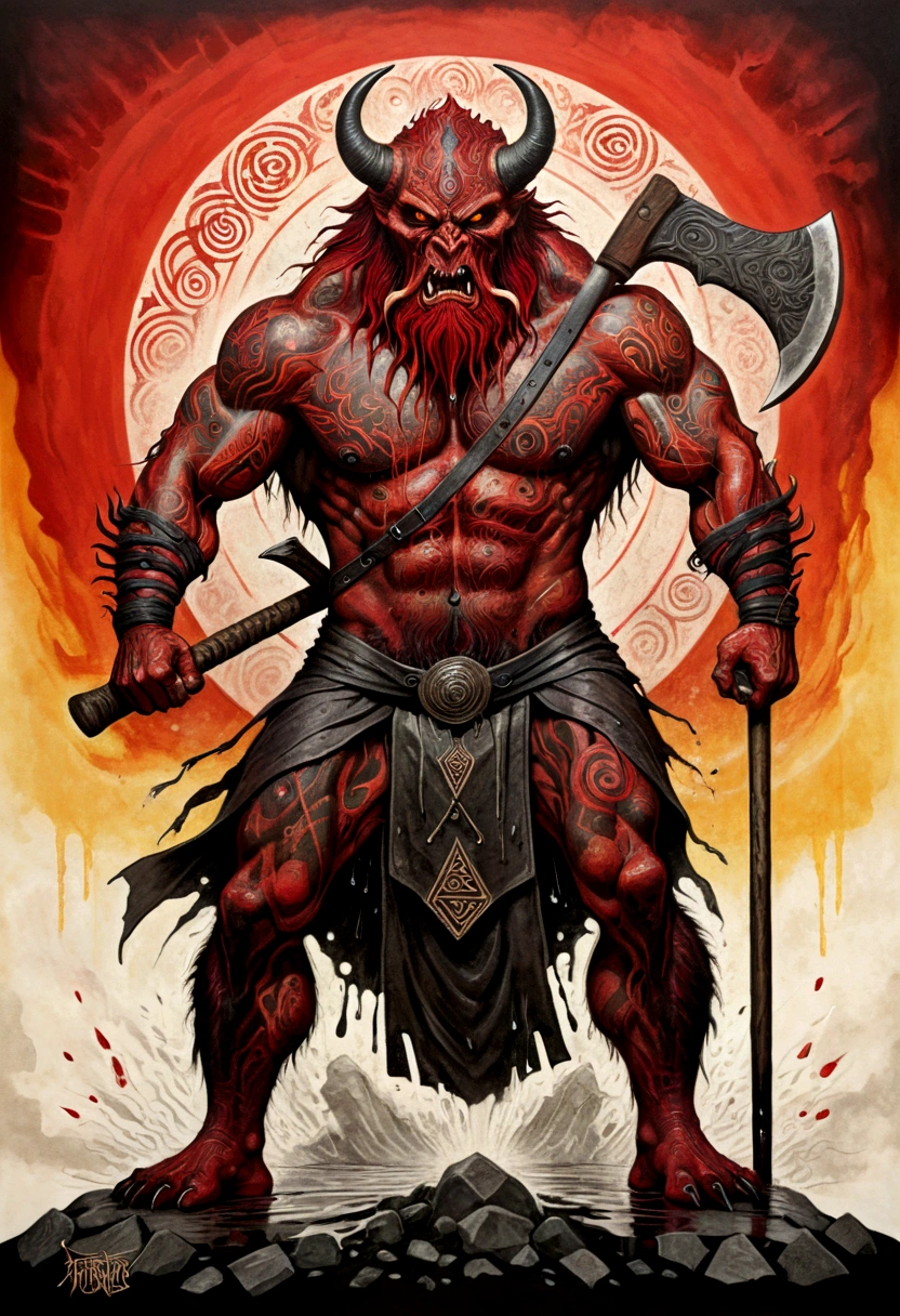 full length portrait of a monster, strong, , the body engraved with ancient runes and filled with scars and war wounds, Wrapped in a red mist and rain running down your body, holding a huge ax with a look of rage and aggressive pose. (Tetradic colors), InkPunk, Ink lines, strong outlines, Art Nouveau, art style sylestri, bold traces, unframed, high contrast, 4k