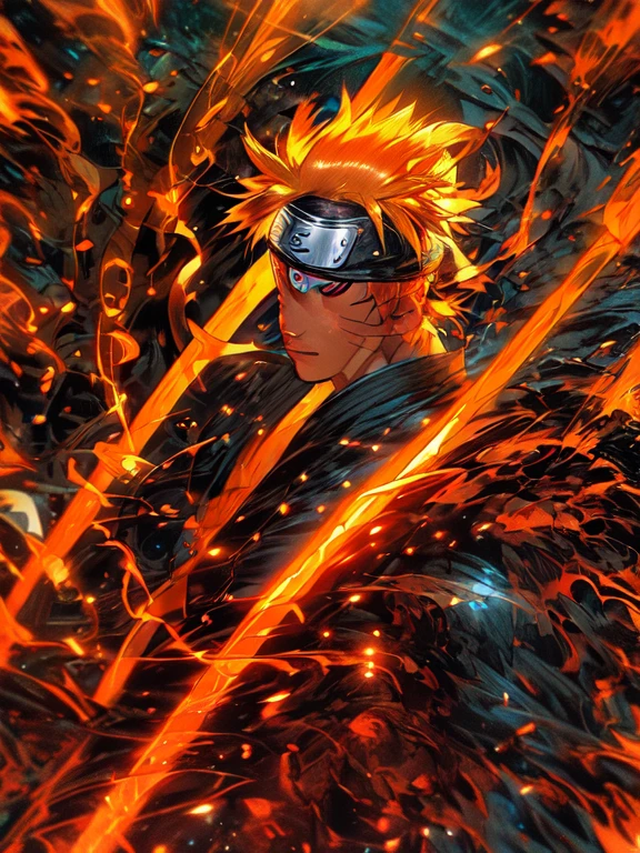 neon street lights, bright neon lights,Uzumaki Naruto from naruto manga wearing tangerine hanbok,intervene, Mechanical armor, mechanical arms,blue eyes, yellow hair 