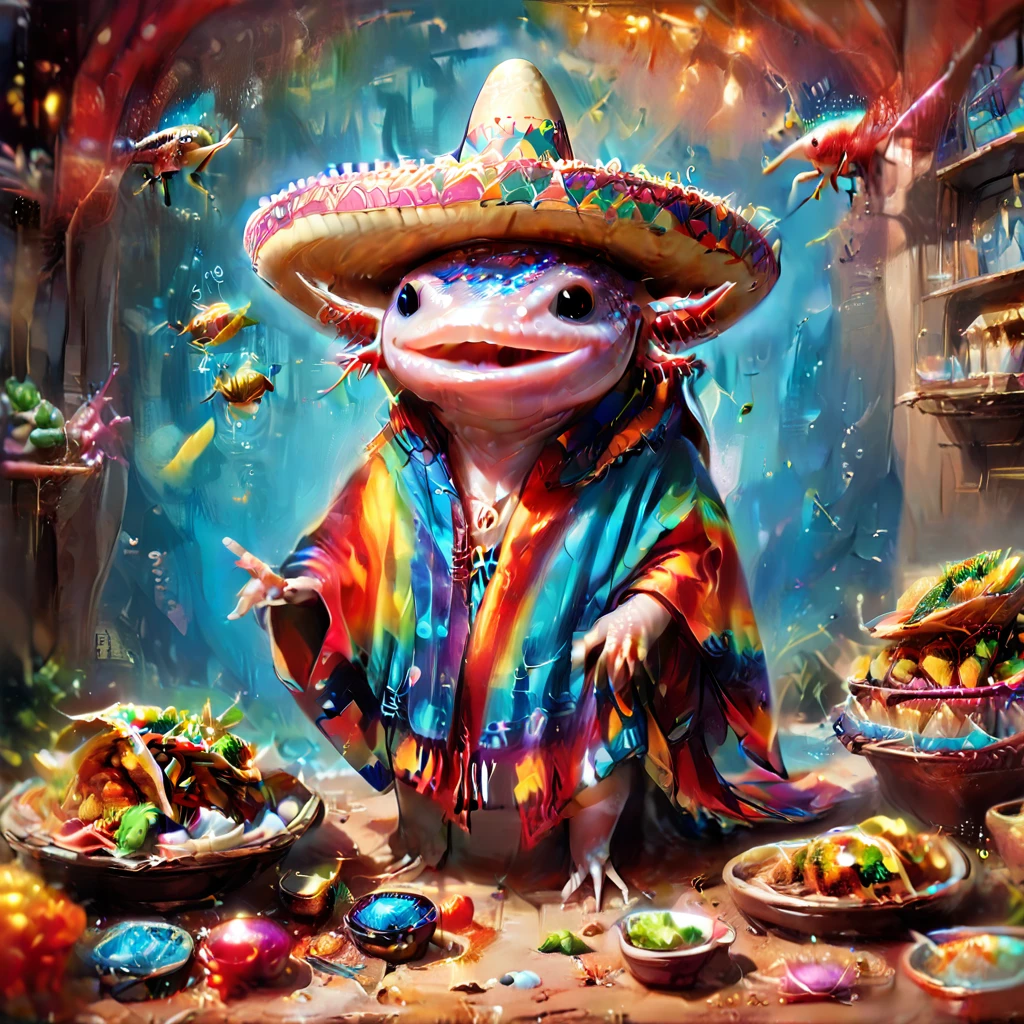 (masterpiece:1.5) axomdel2, A happy axolotl wearing sombrero and poncho, with details of tacos