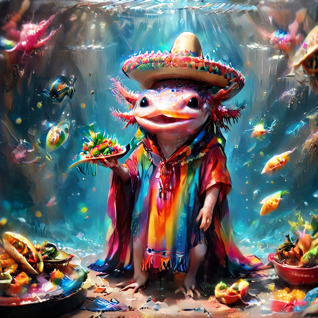 (masterpiece:1.5) axomdel2, A happy axolotl wearing sombrero and poncho, with details of tacos