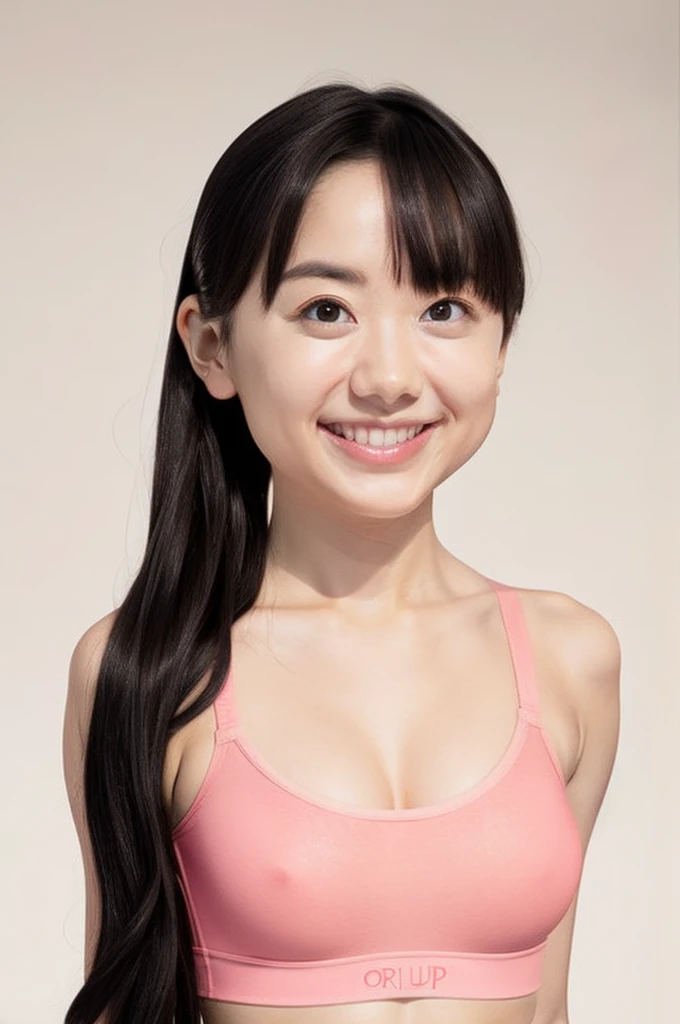upper body, big eyes, flat chest, (arms behind back:1.1), make up, sport-bra, , smile, long hair