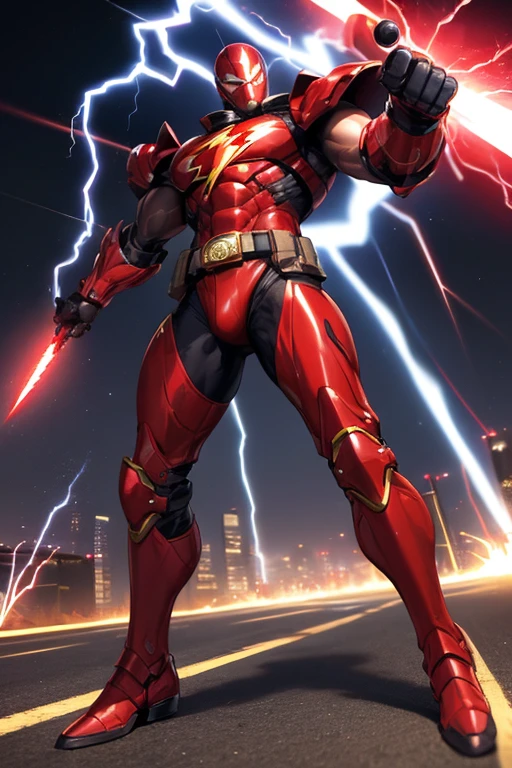 ((best quality)), ((masterpiece)), (detailed), 1 man, full body, 30s, black masks, red helmet that covers his entire head, smooth helmet, uncovered face, helmet with a flashlight on his forehead, black collar, tall and muscular, very large, red armor, 2 large tubes, transparent electricity tubes on his chest, large red gloves, red wristbands, red suit, fist emblem with lightning bolts on his chest, fist, red pants, black knee pads, metallic red boots, superhero belt, lightning bolts in the air, hitting the highway, superhero pose, lightning bolts come out, night city background, anime