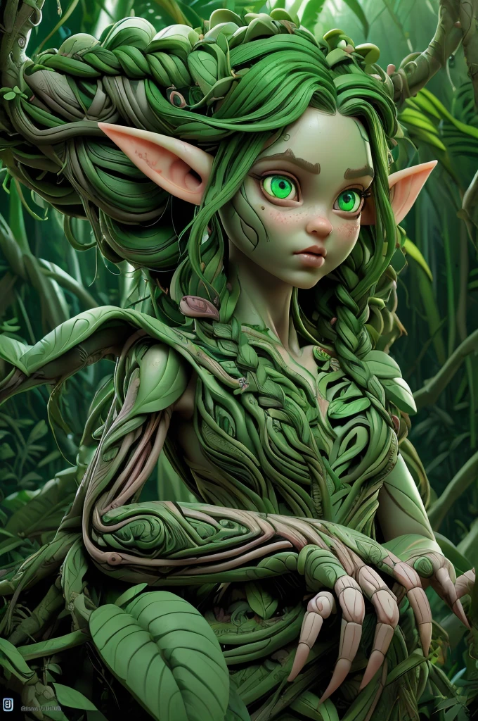 (elf with anatomical hands), in a jungle, wo braid hair, wearing elf dress, cute face , big beautiful green eyes, full body, (hyper detailed eyes, hyper detailed face), 16k, 8k, RAW photo, best quality, masterpiece, high detail RAW color photo, dramatic lighting, cinematic lighting, back light, professional lighting