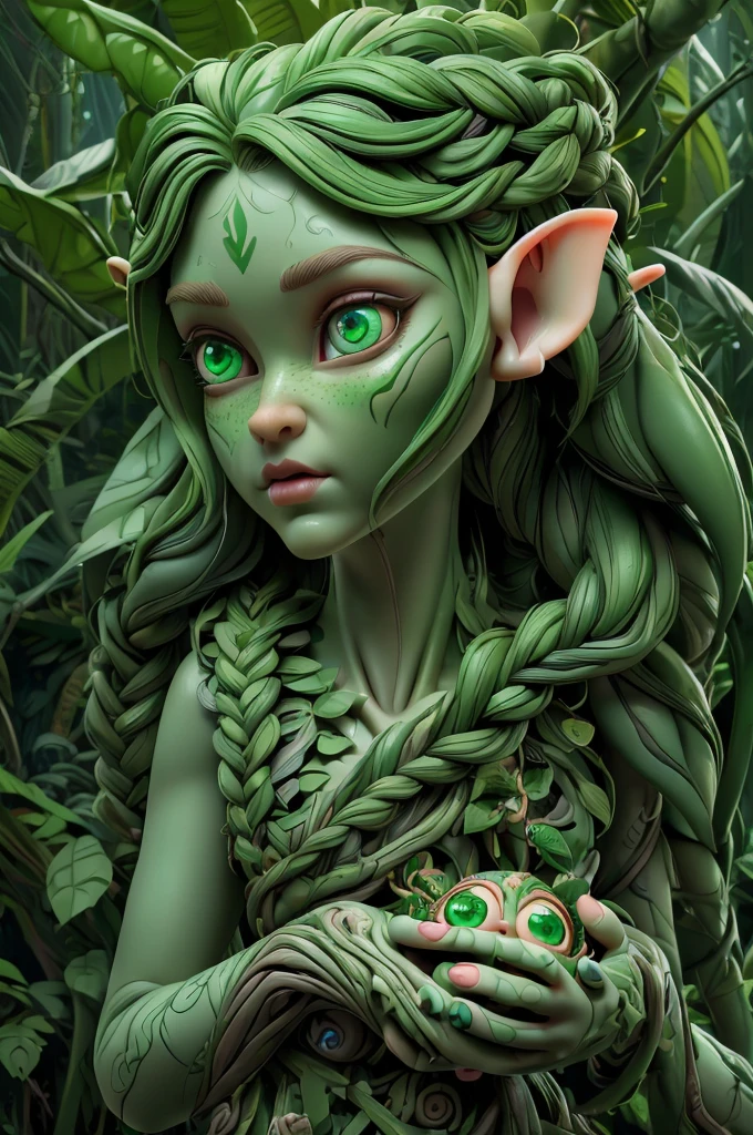 (elf with anatomical hands), in a jungle, wo braid hair, wearing elf dress, cute face , big beautiful green eyes, full body, (hyper detailed eyes, hyper detailed face), 16k, 8k, RAW photo, best quality, masterpiece, high detail RAW color photo, dramatic lighting, cinematic lighting, back light, professional lighting