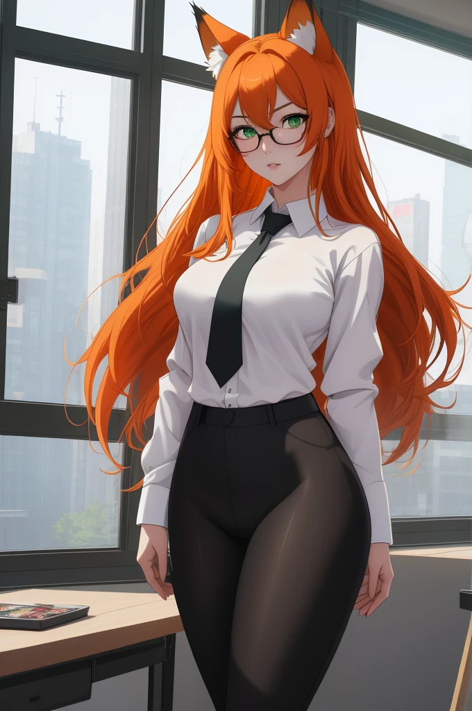 (masterpiece, Best quality), 8K, ultra detailed, realistic photo, Detailed face, perfect lighting, green eyes, bright orange hair, bright hair, fox ears, nice legs, side photo, beautiful, Cute, skin pores, 1 girl, perfect shirt, fully dressed, beautiful women 30 years old, Beautiful proportions, Russian woman, Caucasian, European, Business lady, stunningly beautiful woman, mother, thick legs, show ass, big breasts, (Thin white shirt:1.4), thick, hot, (White Office Wear:1.4), tight pants, (wide hips:1.2), thick, (white Office pants:1.3), spread your legs, Legs open, full length, wide hips, Glasses, with long orange hair, standing on the beach near the ocean, green eyes detailed digital anime art, cat ear, anime girl with long hair, гладкое аниме cg art, anime girl with long hair, digital anime art, work in Guweiz style, Beautiful anime portrait, Photorealistic render of an anime girl, pantyhose, Beautiful anime girl, advanced digital anime art, guweiz на artstation pixiv HD UHD HQ