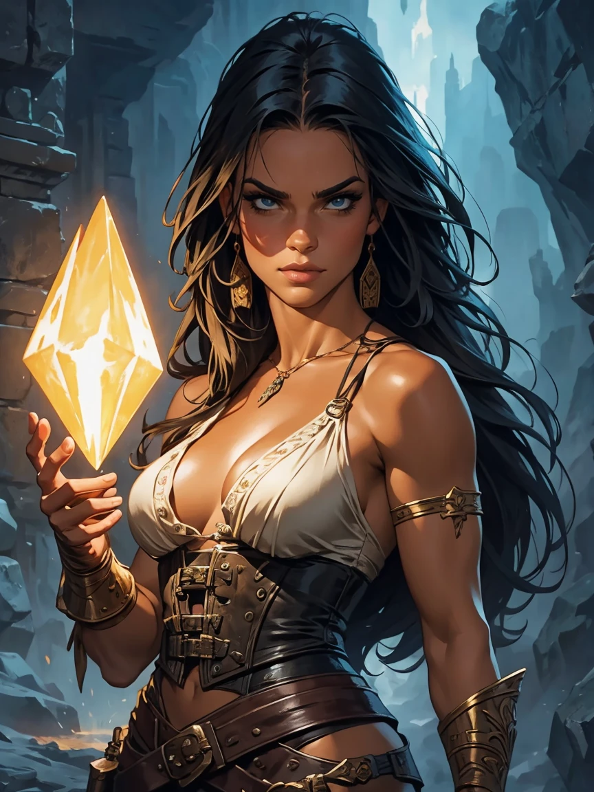 a young woman from the early 18th century based on Michelle Rodriguez, dungeons and Dragons 5th edition fantasy illustration, highly detailed cinematic fantasy portrait, black outlining, full color illustration, in the style of BORIS VALLEJO & JULIE BELL, masterpiece, 8k, ultra-detailed, physically-based rendering, vivid colors, dramatic lighting, intricate background, fantasy, photorealistic
