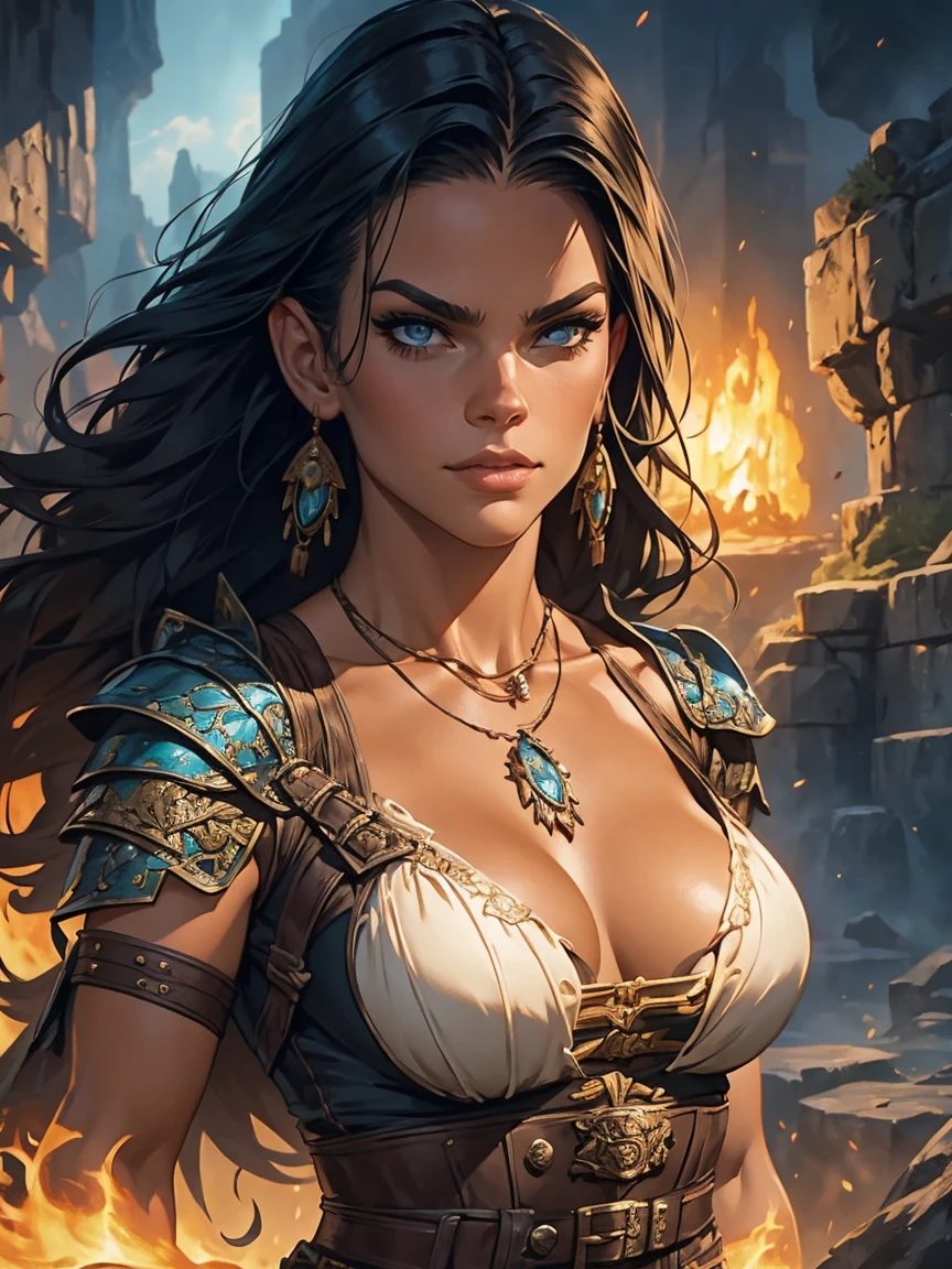 a young woman from the early 18th century based on Michelle Rodriguez, dungeons and Dragons 5th edition fantasy illustration, highly detailed cinematic fantasy portrait, black outlining, full color illustration, in the style of BORIS VALLEJO & JULIE BELL, masterpiece, 8k, ultra-detailed, physically-based rendering, vivid colors, dramatic lighting, intricate background, fantasy, photorealistic