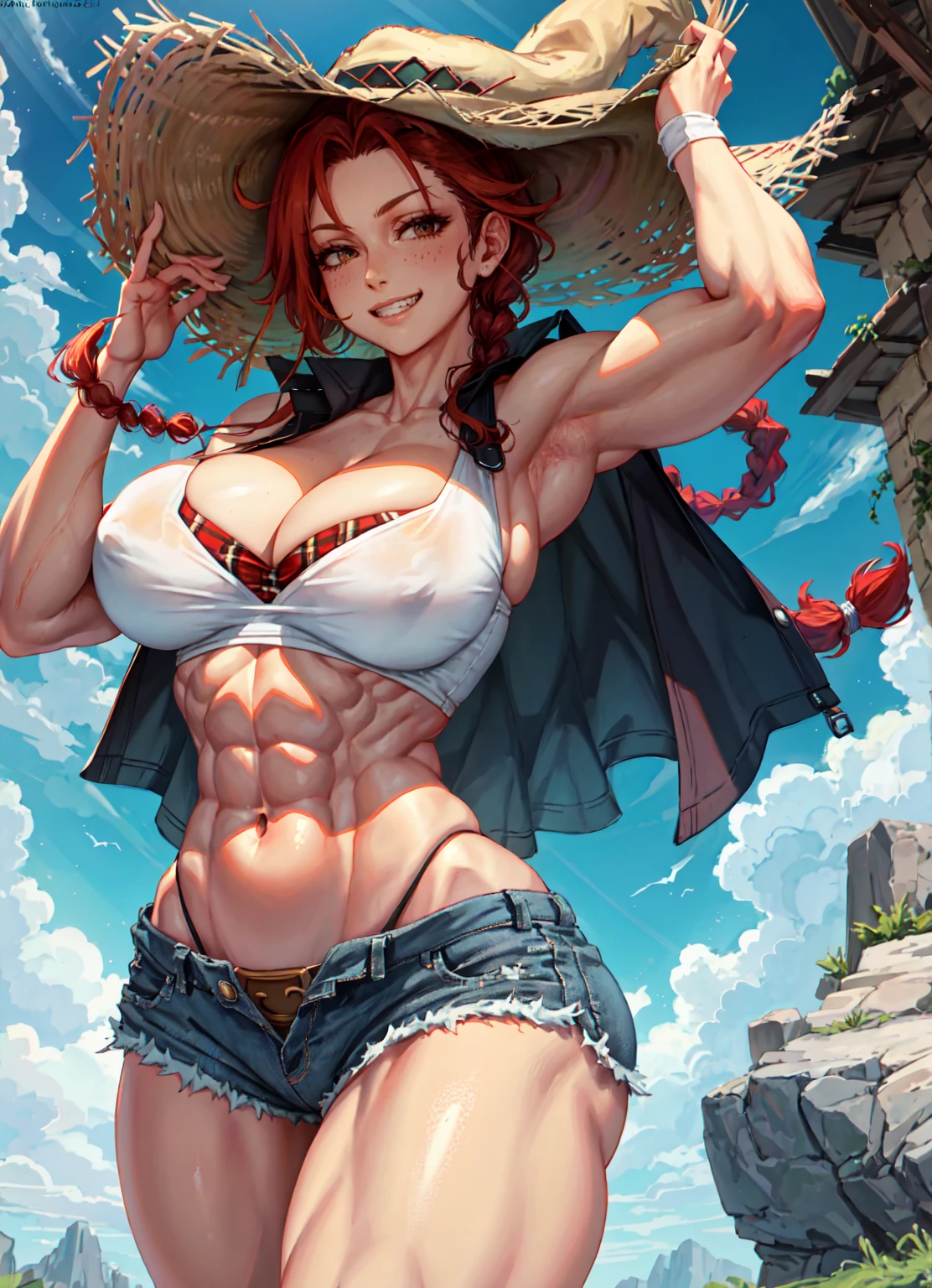1girl, beautiful, perfect lighting, muscular, thick thighs, mature female, milf, navel, abs, looking at viewer (masterpiece, high quality:1.1) ,cowboy hat,body freckles,barn,pale skin,red hair, braid, ,short shorts,plaid shirt, skindentation, cleavage,grin