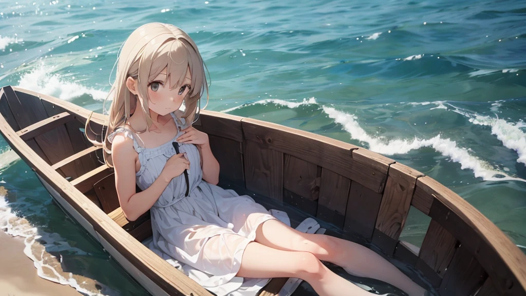 a girl in a white sundress sits on a boat on the shore and touches the water with her hand