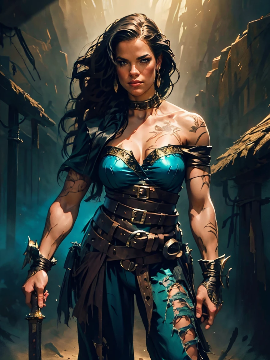 a young woman from the early 18th century based on Michelle Rodriguez, dungeons and Dragons 5th edition fantasy illustration, highly detailed cinematic fantasy portrait, black outlining, full color illustration, in the style of BORIS VALLEJO & JULIE BELL, masterpiece, 8k, ultra-detailed, physically-based rendering, vivid colors, dramatic lighting, intricate background, fantasy, photorealistic