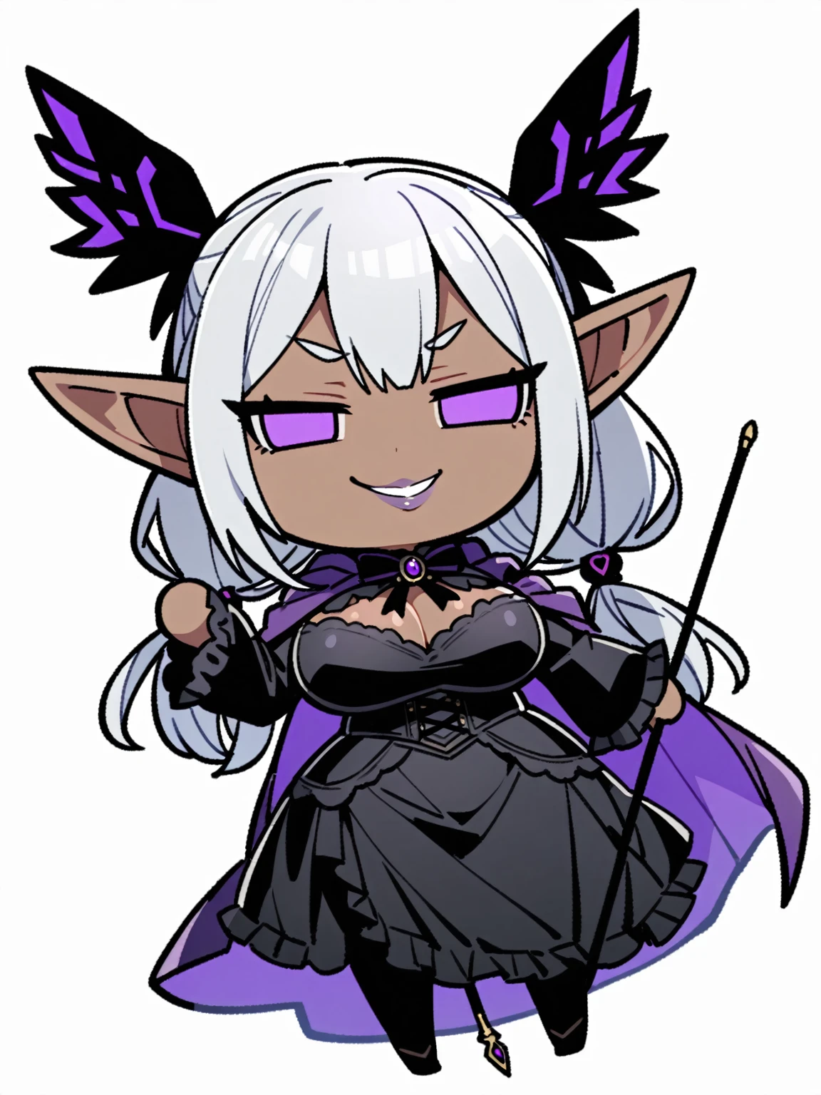 {{{kame (kamepan44231), full body, no humans, chibi, jitome, fumo (doll)}}}, 1 woman, elf, solo, tan skin, silver hair, purple eyes, lips, big breasts, curvy, smirk, cruel, looking at viewer, black victorian dress, purple cloak, blank background, white background.