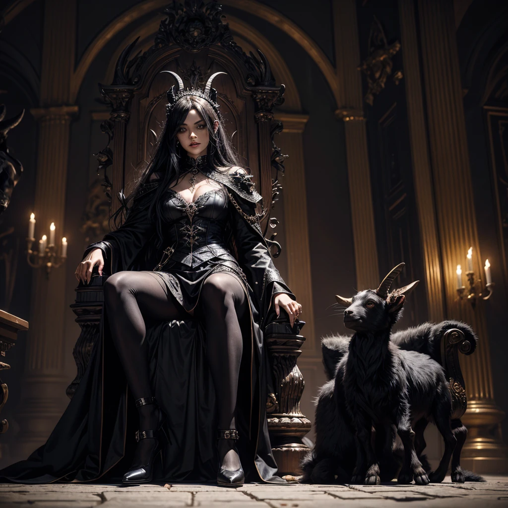 A goat-like devil sitting on a throne, around him some dark sexy witches with black pantyhose, with a disturbing appearance, on the ground in front of the throne there are some skulls