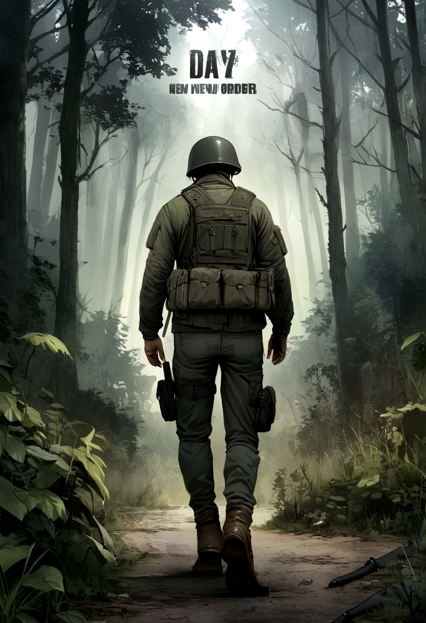 ((DayZ)), Soldier, slogan(New Order), dark forest,
