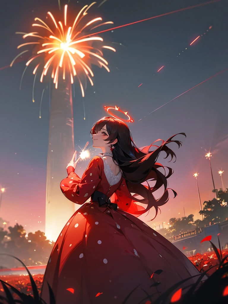 A Lady In Red, a woman in red, her clothes are red with black dots like a ladybug, smiling from behind fireworks go off, the fireworks are very clearly defined and can be seen like the Walt Disney fireworks, there are sun rays from behind and they illuminate her like a halo of rays