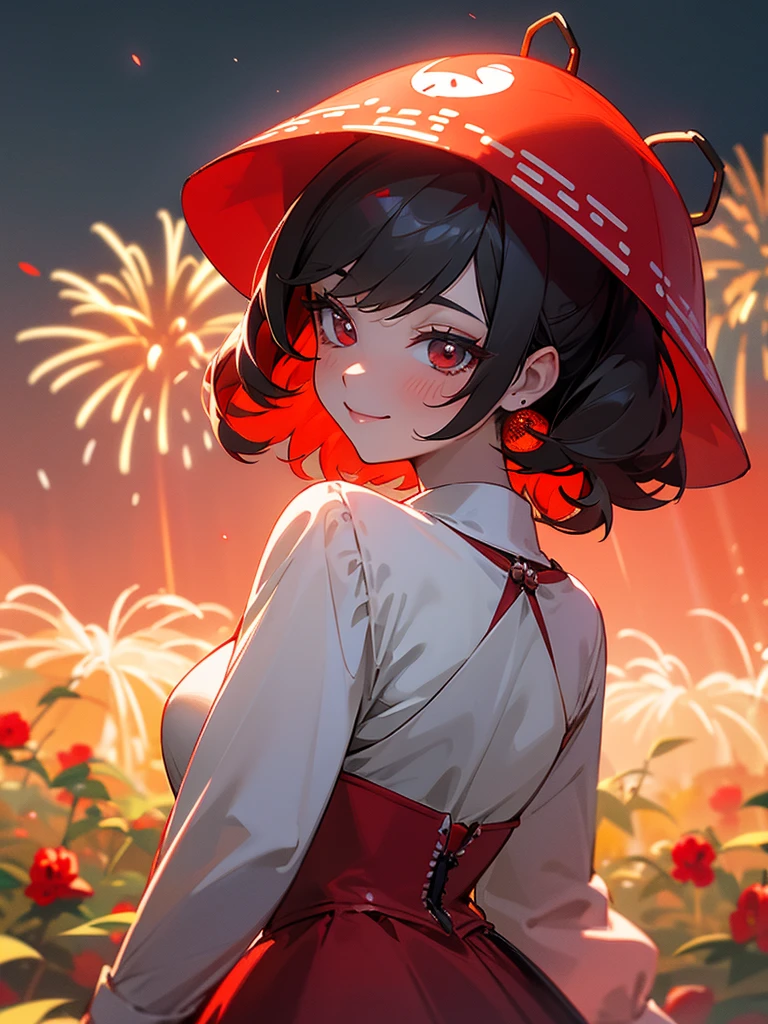 A Lady In Red, a woman in red, her clothes are red with black dots like a ladybug, smiling from behind fireworks go off, the fireworks are very clearly defined and can be seen like the Walt Disney fireworks, there are sun rays from behind and they illuminate her like a halo of rays