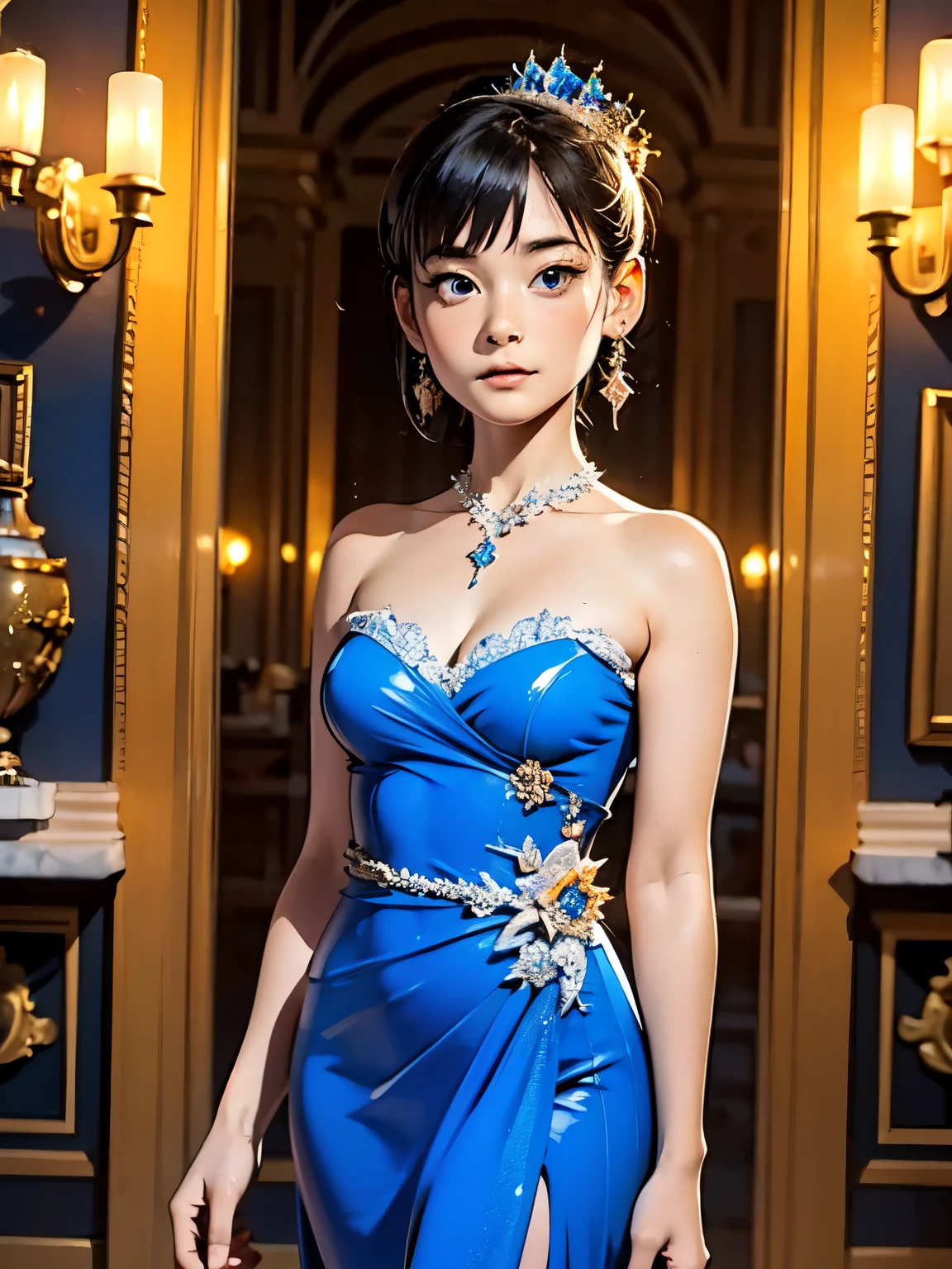 ((masterpiece)), (Highest quality), Official Art, unity 8k wallpaper, Very detailed, One Girl, alone, Royal Blue, Evening Dresses, palace, stage, train, classic, architecture, Decoration, Elegance, stare