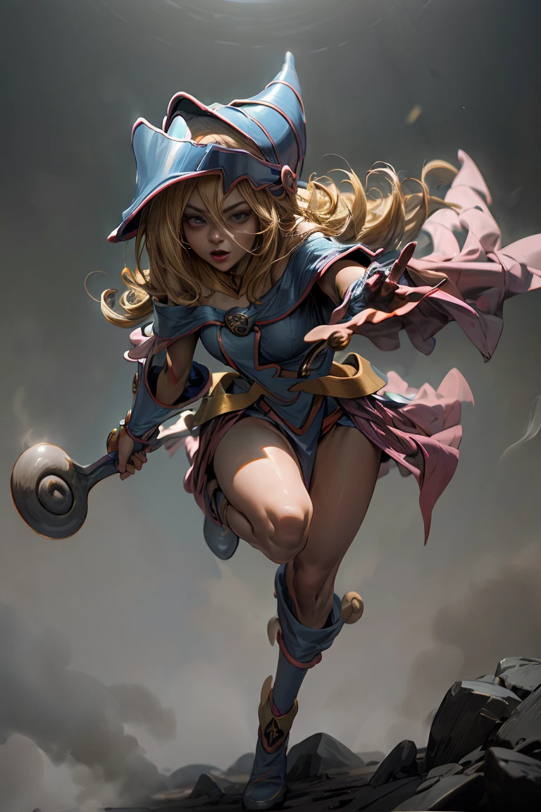 (8K,photorealistic　raw photography　the highest quality;1.4) 　(1girl in)　super beauty　(realistic face)　femenine body 　(Blonde with long curls)　Hold a black and red magic wand.　combat scene　Magic hat with black and gold exterior.　Beautiful expression　Glare　(Real looking skin)　(Giles dark wizards)　Tempting　super high resolution　a hyperrealist　high detail　Full body photo　remains