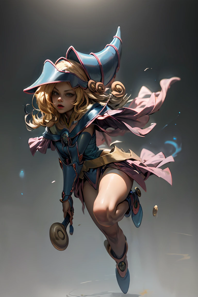 (8K,photorealistic raw photography the highest quality;1.4) (1girl in) super beauty (realistic face) femenine body (Blonde with long curls) Hold a black and red magic wand. combat scene Magic hat with black and gold exterior. Beautiful expression Glare (Real looking skin) (Giles dark wizards) Tempting super high resolution a hyperrealist high detail Full body photo remains