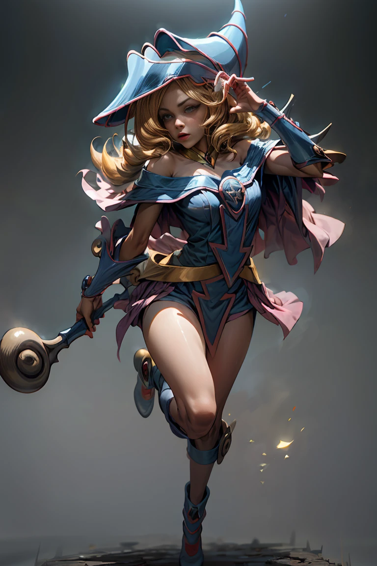 (8K,photorealistic　raw photography　the highest quality;1.4) 　(1girl in)　super beauty　(realistic face)　femenine body 　(Blonde with long curls)　Hold a black and red magic wand.　combat scene　Magic hat with black and gold exterior.　Beautiful expression　Glare　(Real looking skin)　(Giles dark wizards)　Tempting　super high resolution　a hyperrealist　high detail　Full body photo　remains