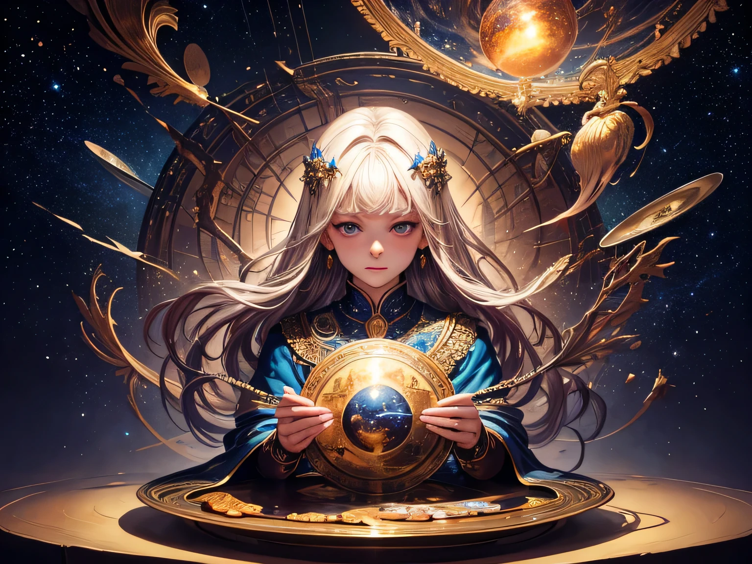 work of art, Surrealism, Highly detailed, complicated details, oil painting, best quality, universe, starry, A woman holds two plate scales., Pound sign concept, golden ratio, beautiful, universe concept, 8K, Cinema-grade lighting, starry background, bright colors, UHD, By Greg Rutkowski