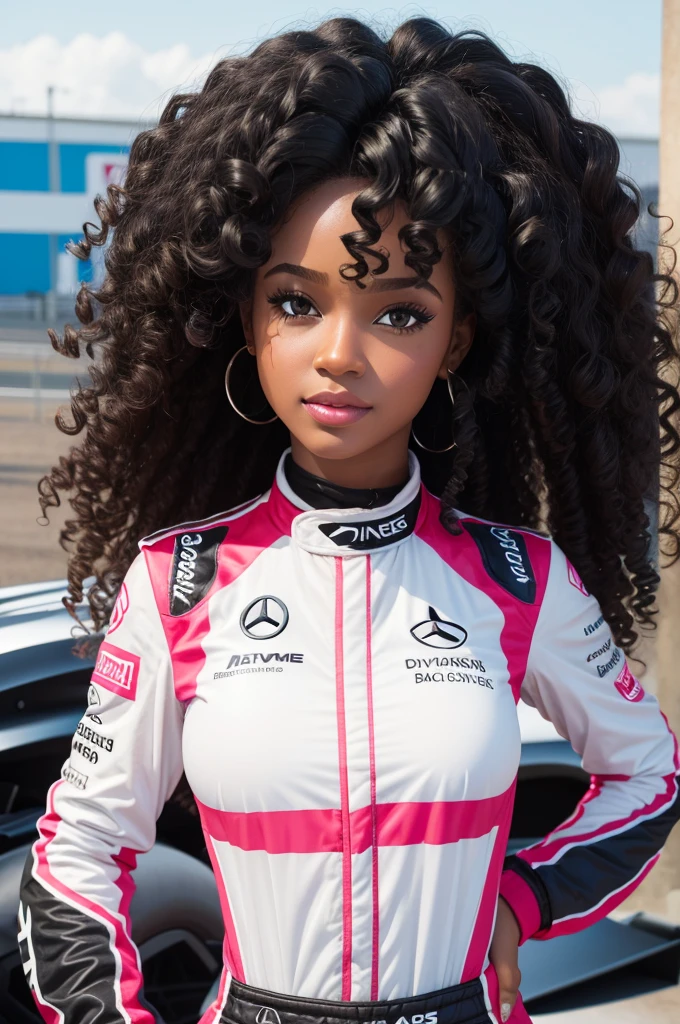 create a black barbie with curly hair wearing a Mercedes formula 1 driver outfit called lis