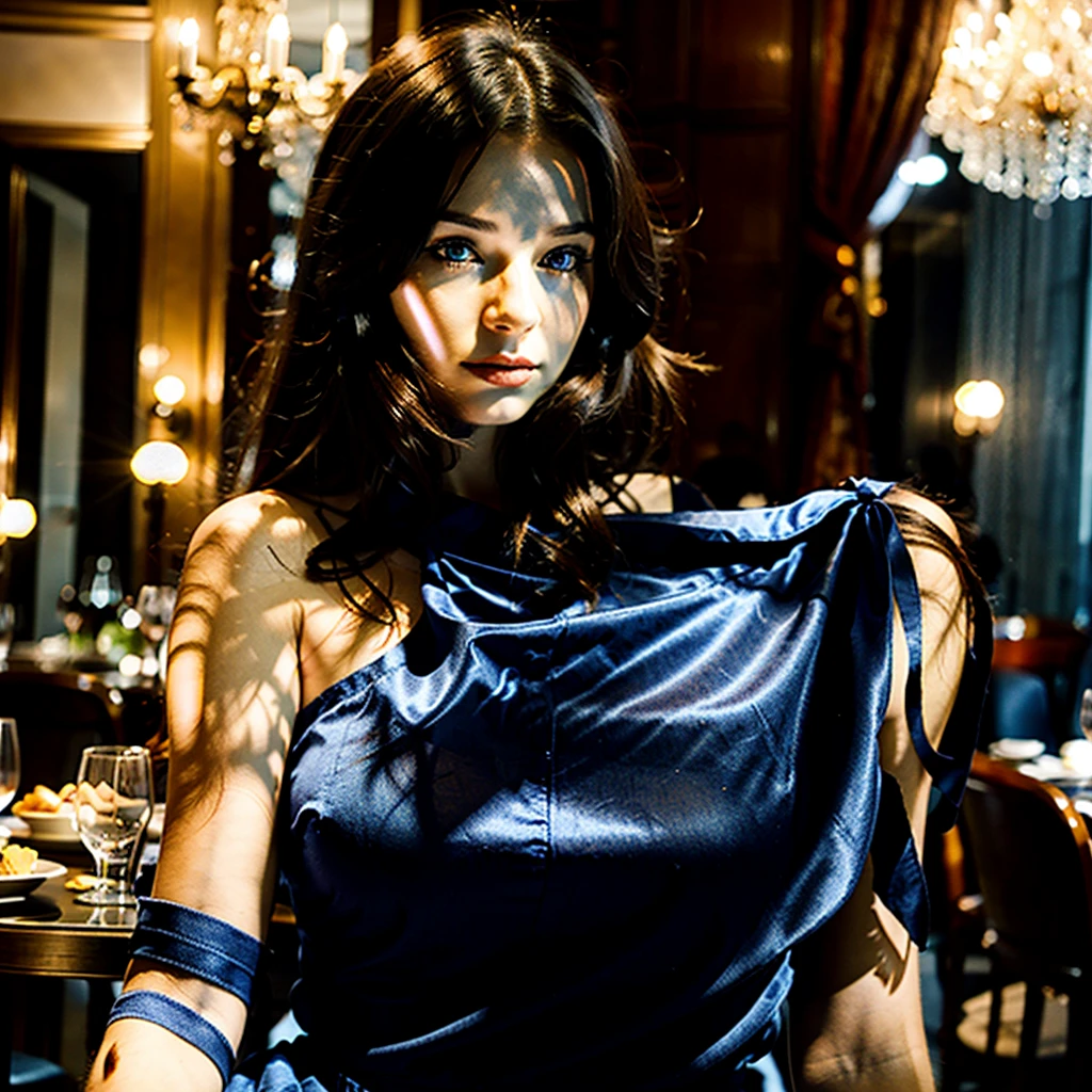 a brunette Russian girl in blue in a luxury French restaurant