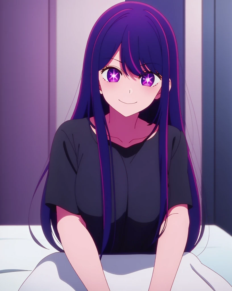 in bed, purple color hair and purple eyes, black shirt and no bra, anime visual of a cute girl, screenshot from the anime film, & her expression is solemn, in the anime film, in an anime, anime visual of a young woman, she has a cute expressive face, still from anime, big breast, red cheek, lustful face, fair skin, look, looking at the viewers with a smile on her face