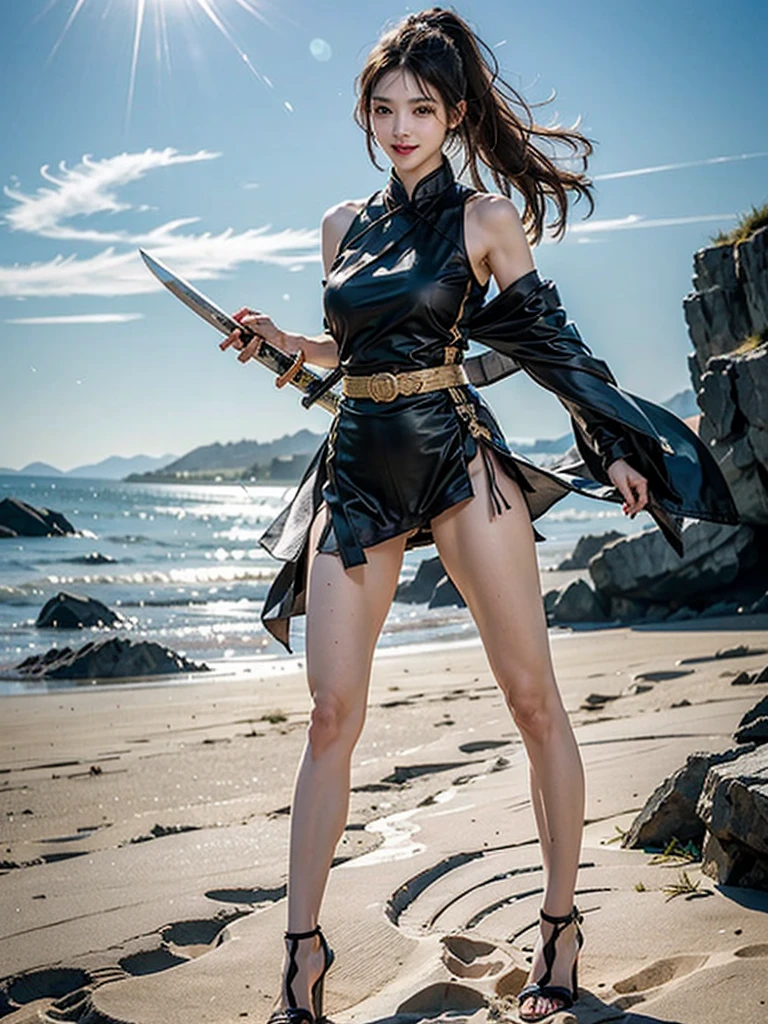 (Top quality，ultra HD，lifelike: 1.4)，Wearing black and gold short qipao，Black high heels，High Ponytail，The girl with air bangs holds two samurai swords on beach，Close-up shot of running，Beautiful armed girl， (K-Pop Idol) ，Detailed face，opposition，Perfect anatomy，Smooth skin，Smile of victory，Professional lighting，The task is executing，Destroy the enemy，(background，Beach，Sunny Beach，Fire， Huge explosion ) ,Full body close-up，Fighting Stance