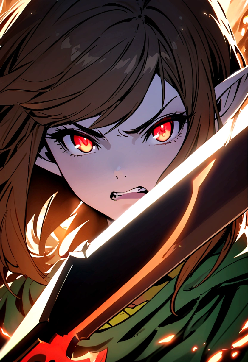Portrait of an Young elven woman, pale skin, brown hair, green eyes, black short clothes, small, holding a magical black broadsword, with an red eye on its blade, dark fantasy, long ears, angry, bladedancer