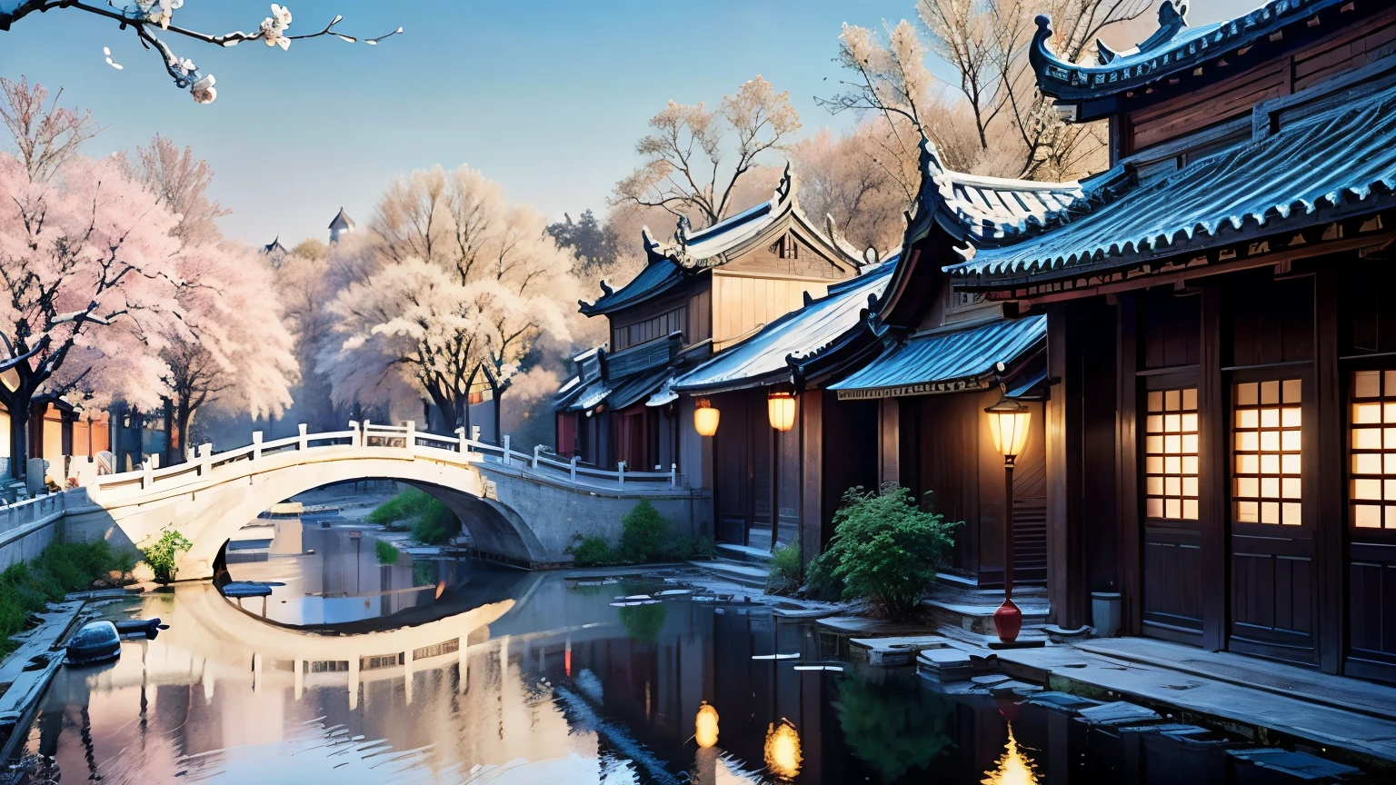 jiangnan town, ancient architecture, snow scene, magnolia, sunny, beautiful scenery, courtyard, depth of field, vista, high definition, surreal background, clear background, hd2:3v4 2 --v 4 --ar 2:3