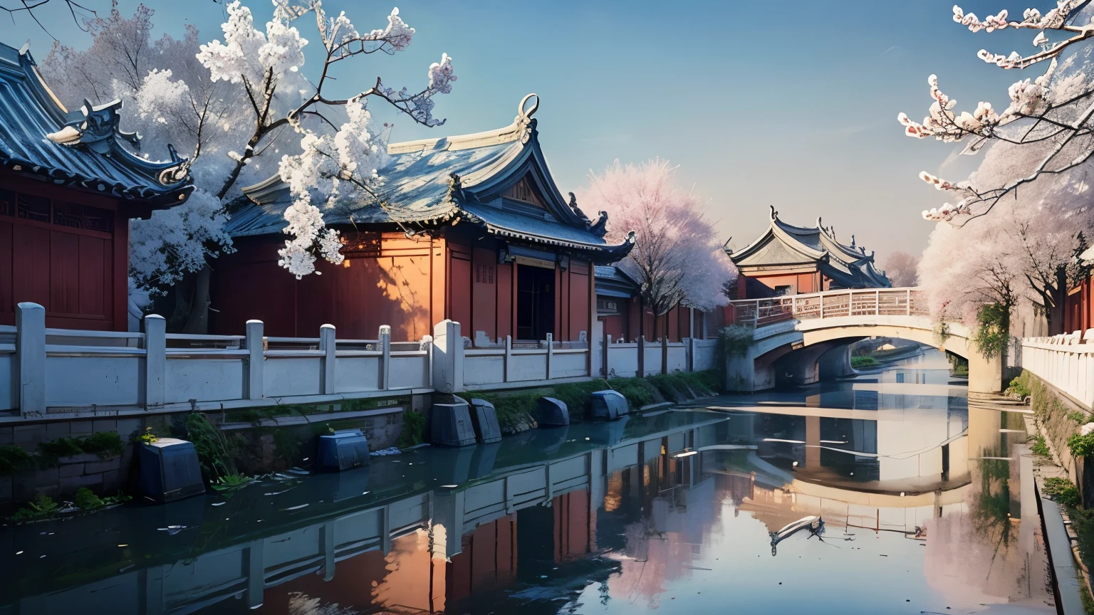 jiangnan town, ancient architecture, snow scene, magnolia, sunny, beautiful scenery, courtyard, depth of field, vista, high definition, surreal background, clear background, hd2:3v4 2 --v 4 --ar 2:3