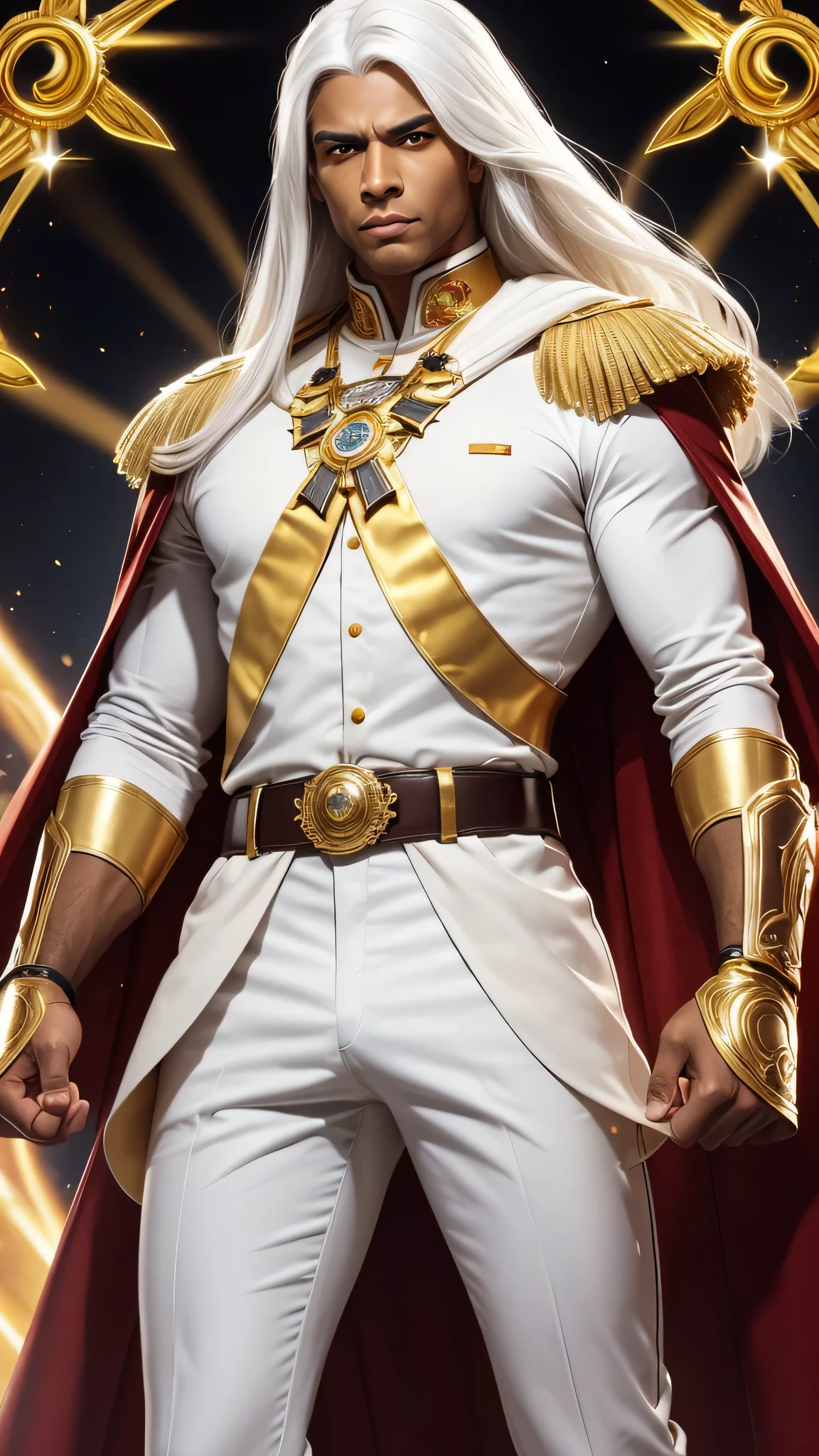 A brown-skinned man Long, straight white hair Piercing Yellow eyes wearing an impeccable white military uniform with gold details with a flowing red cape draping the shoulders with a golden belt at the waist with white gloves on the hands completely confident and Slightly arrogant that conveys an aura of power and authority