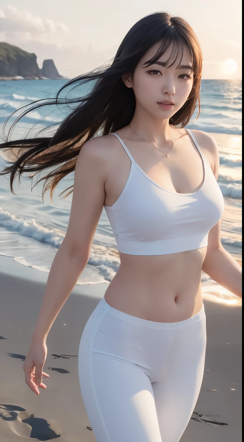 (logo、masterpiece、8K、Tabletop、RAW Photos、wonderful、最high quality、Photorealistic and Very detailed CG integrated 8K wallpaper、high quality、Very detailed、Narrative poem、Particle Effects、Dynamic Effects、Written boundary depth、Cinematic Light、Lens flare、Ray Tracing)、Fantasy、 (One beautiful woman、White pants、White T-shirt、White tube top、White crop top、Black-haired、Beautiful Face、True Face、Beautiful details、eye、Beautiful Skin、Ultimate Body、glamorous)、私の髪はWindに舞う、Hair flutters in Wind、Hair bounces、Seaside、wonderful景色、Coastal、sunrise、Sun in the background、Wind、Beach