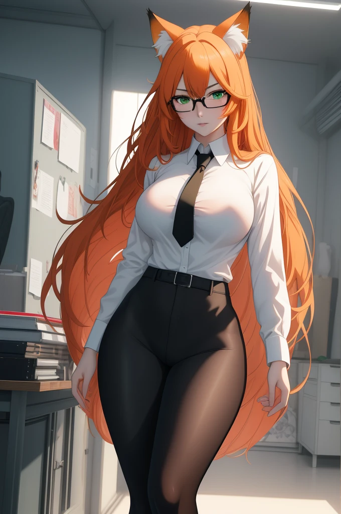 (masterpiece, Best quality), 8K, ultra detailed, realistic photo, Detailed face, perfect lighting, green eyes, bright orange hair, bright hair, fox ears, nice legs, side photo, beautiful, Cute, skin pores, 1 girl, perfect shirt, fully dressed, beautiful women 30 years old, Beautiful proportions, Russian woman, Caucasian, European, Business lady, stunningly beautiful woman, mother, thick legs, show ass, big breasts, (Thin white shirt:1.4), thick, hot, (White Office Wear:1.4), tight pants, (wide hips:1.2), thick, (white Office pants:1.3), spread your legs, Legs open, full length, wide hips, Glasses, with long orange hair, standing on the beach near the ocean, green eyes detailed digital anime art, cat ear, anime girl with long hair, гладкое аниме cg art, anime girl with long hair, digital anime art, work in Guweiz style, Beautiful anime portrait, Photorealistic render of an anime girl, pantyhose, Beautiful anime girl, advanced digital anime art, guweiz на artstation pixiv HD UHD HQ