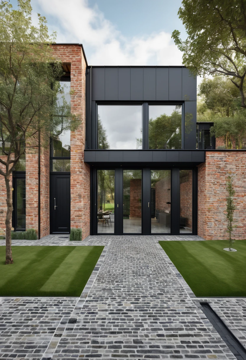 imagine an industrial house with different levels, with a glass wall divided by a massive black iron structure, a wall with English bricks, a black roof with a slope on the left side, grass in front, a stone floor up to the black main entrance door. Houses next door, Olmo trees at the entrance to the house, real grass, high res, realism, real photo