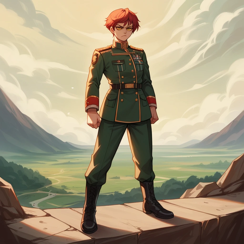 (Highest resolution, distinct_image) Excellent, masterpiece, high detail, semi-realistic, Dishonored 2, a very beautiful woman, solo, normal handsome stance, short red hair, golden eyes, indifferent expression, 18 years old, young, tall and strong , white and red military uniform, trousers, military pants, military boots, military uniform, military school, confident, serious, high-cold and proud, standing on a cliff, overlooking