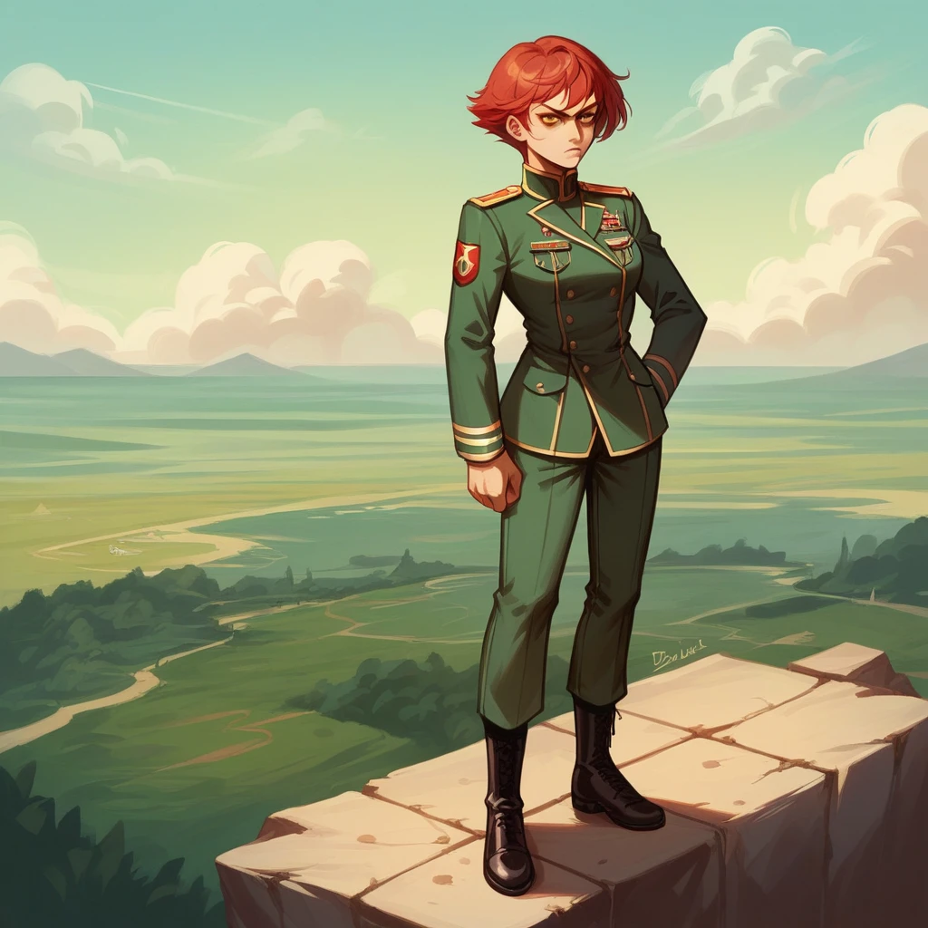 (Highest resolution, distinct_image) Excellent, masterpiece, high detail, semi-realistic, Dishonored 2, a very beautiful woman, solo, normal handsome stance, short red hair, golden eyes, indifferent expression, 18 years old, young, tall and strong , white and red military uniform, trousers, military pants, military boots, military uniform, military school, confident, serious, high-cold and proud, standing on a cliff, overlooking