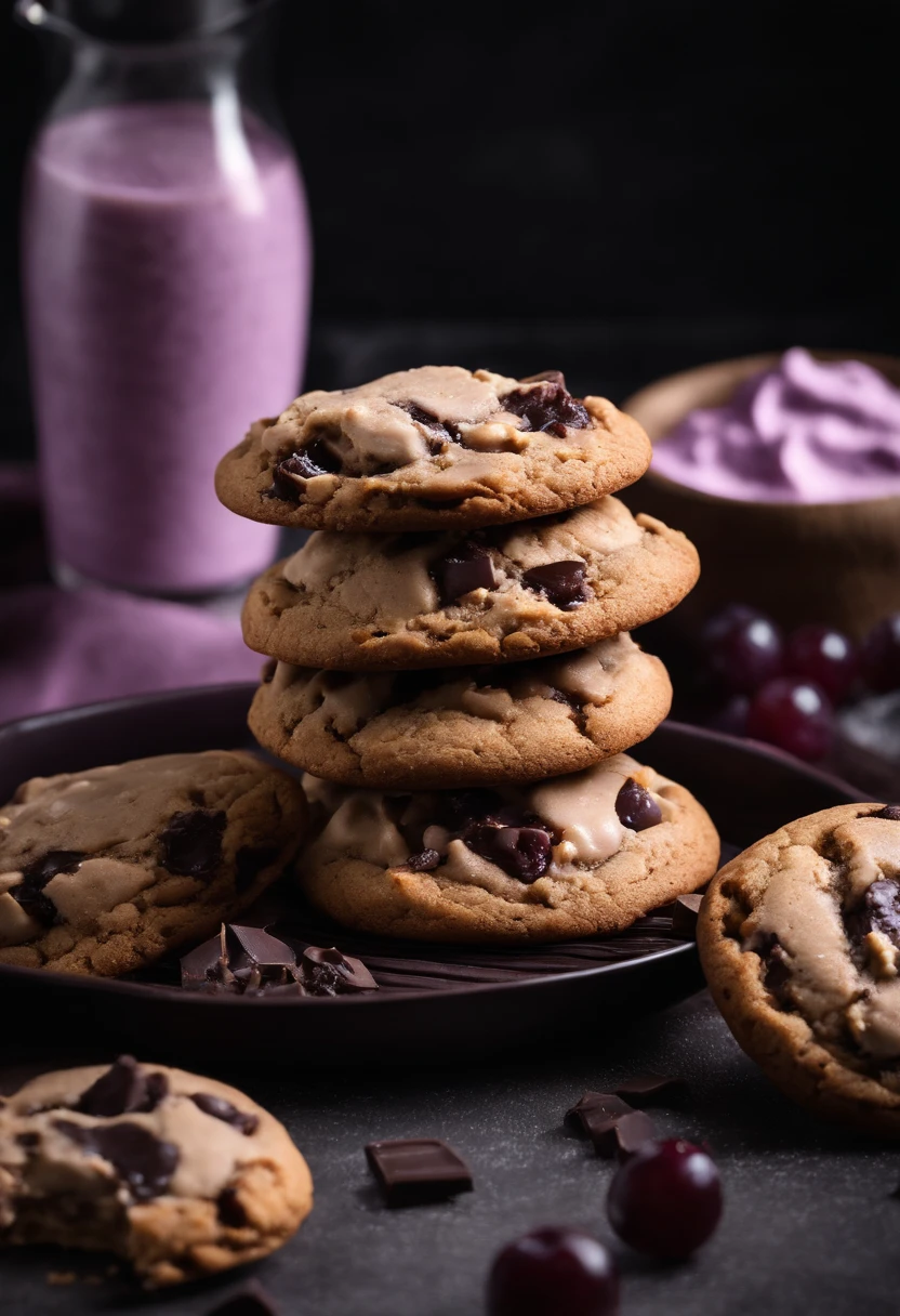 Cookie, Cookie cookie, chocolate, with grape ice cream, chocolate chip cookie with chocolate chips and walnuts, (cookie with grape ice cream por cima), realisitic, high resolution, 4K, scenario (not nature), Cookies de chocolate with grape ice cream, professional foto, best photographer in the world, grade, optical zoom, cookies com sorvete de uva, cookies com sorvete roxo, cookie com sorvete de uva