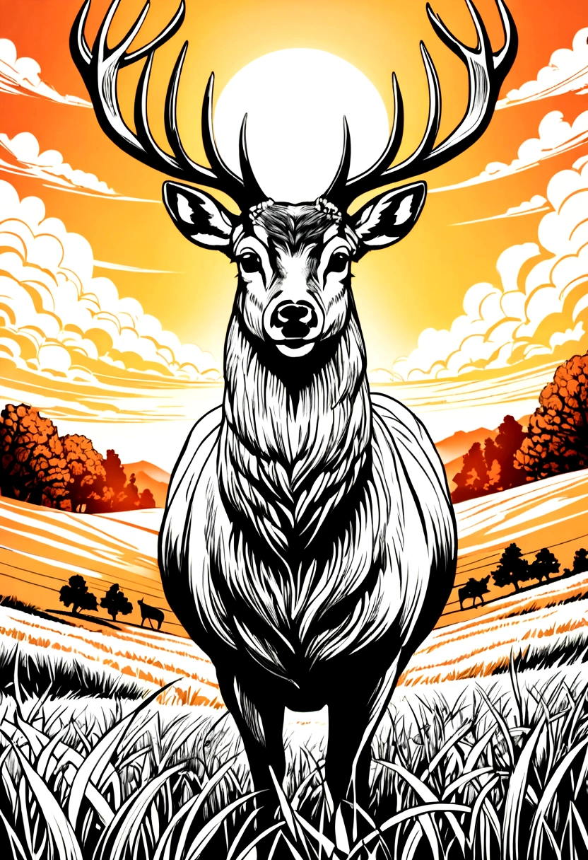 Deer on the grassland,Black and white line drawing,Line Art