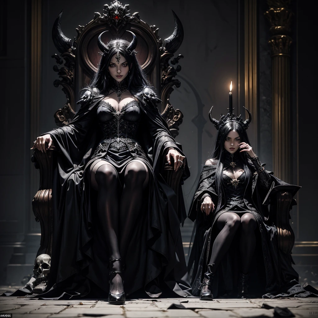 A devil sitting on a throne, around him some dark sexy witches with black pantyhose, with a disturbing appearance, on the ground in front of the throne there are some skulls